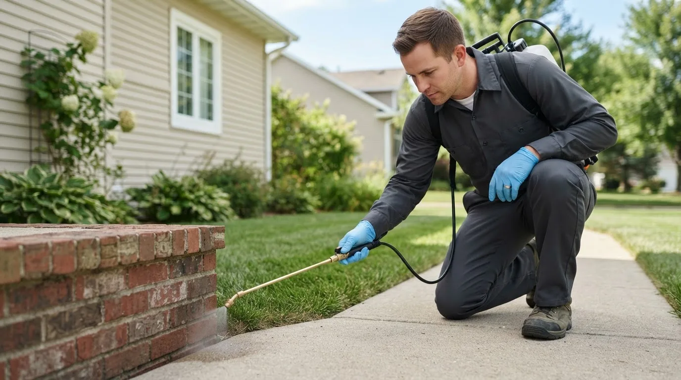 Pest control technician treating a home near Rosendale, MO