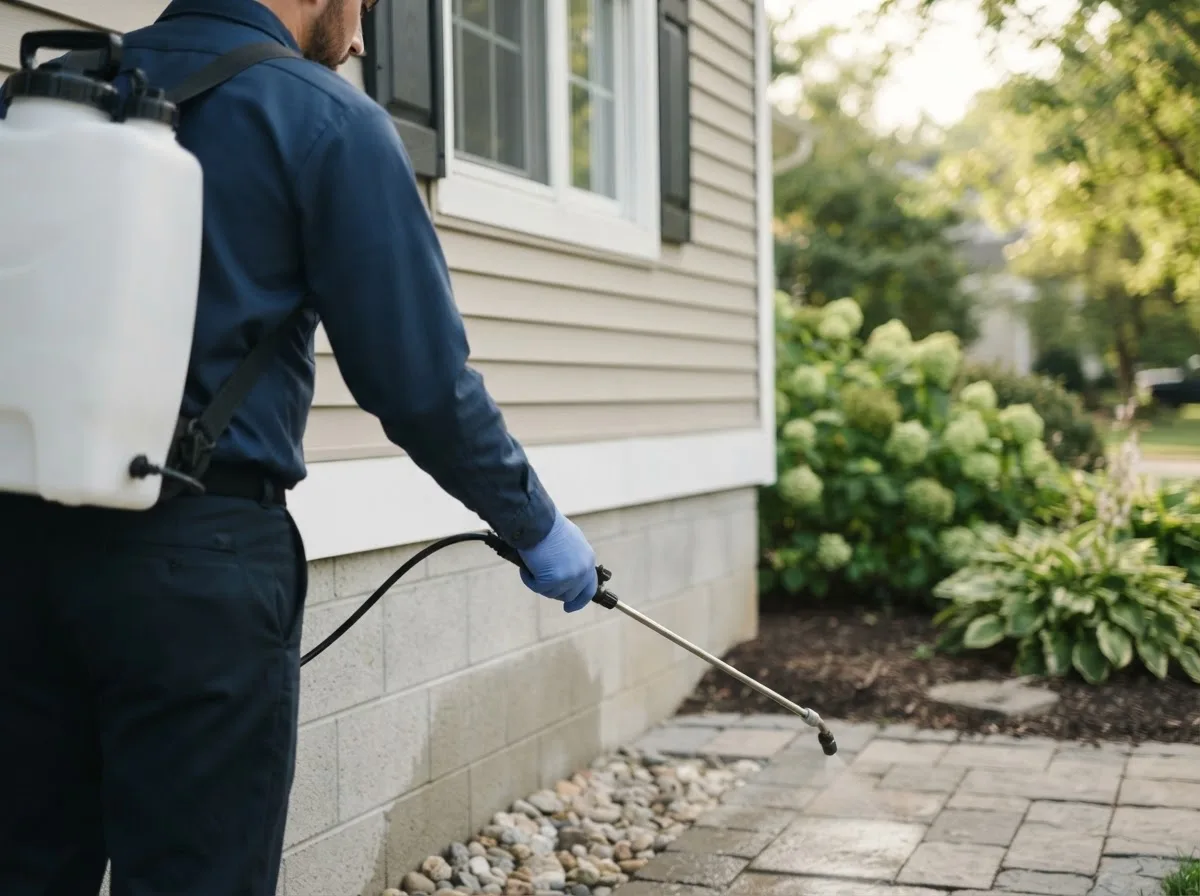 Pest control technician inspecting a home in Rosendale, MO
